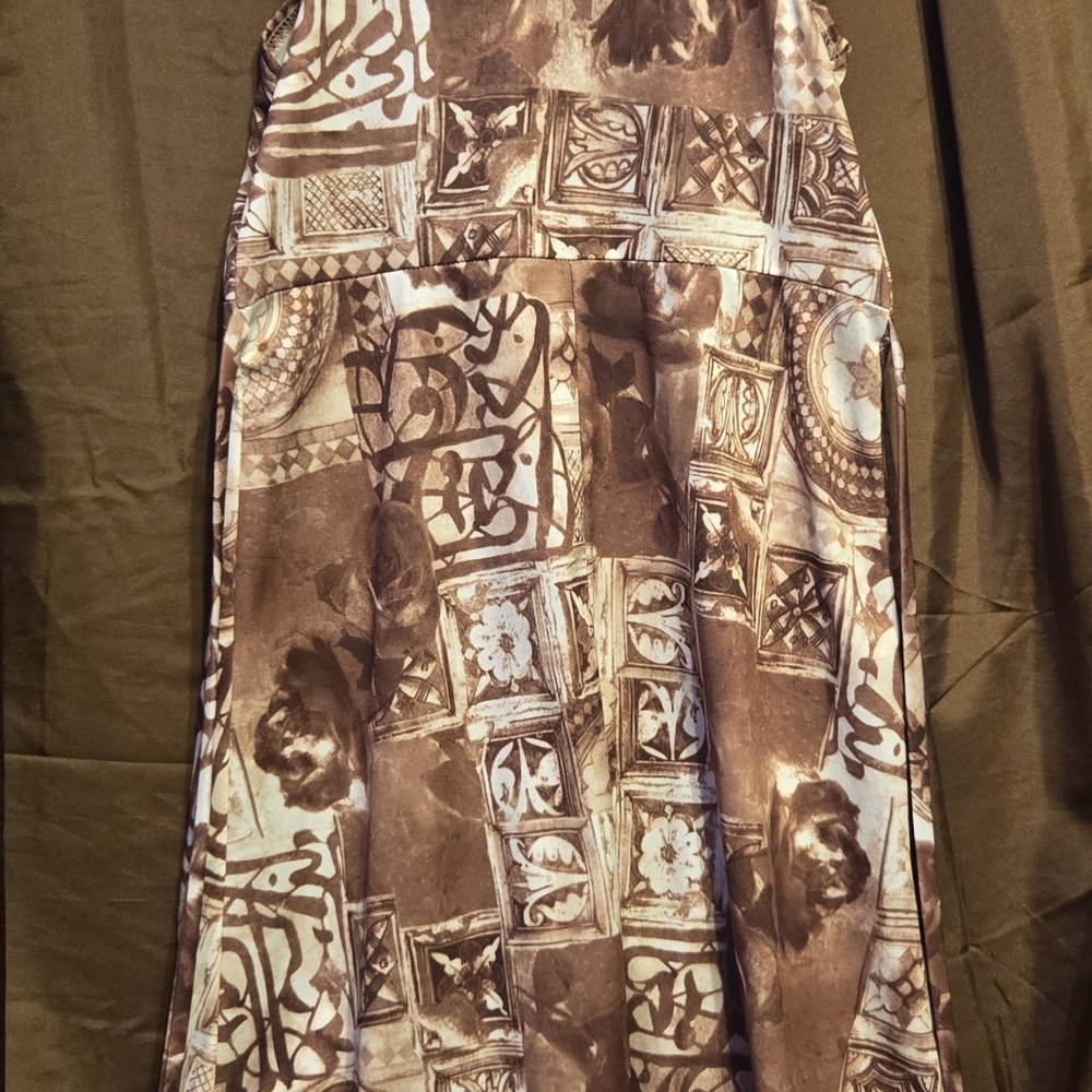 Vintage 90s Joule Brown Abstract Print Spaghetti Strap Dress Tie Back Small Y2K - Picture 2 of 5
